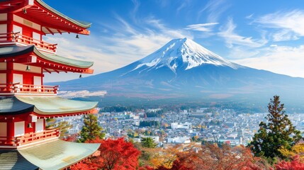 Mtfuji  tallest volcano in tokyo, japan   snow capped peak, autumn red trees, nature landscape - obrazy, fototapety, plakaty