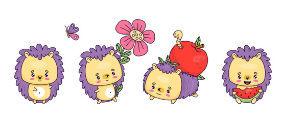 Cute cartoon hedgehog set. Funny animal with flower and piece watermelon, with apple and butterfly. Vector isolated kawaii characters. Kids collection