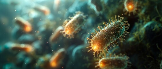 Naklejka na ściany i meble Colony Of Micro Viruses. Illustration On The Theme Of Medicine And Science, Medicine And Man. Generative AI