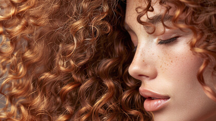 Close-up of a woman with auburn curly hair. Detailed beauty and hairstyle concept for design and print, focusing on the texture of the curls - obrazy, fototapety, plakaty