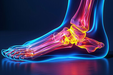 Conceptual image of joint diseases: hallux valgus, plantar fasciitis, heel spur. Depicts a man's leg in pain, emphasizing foot health issues. - obrazy, fototapety, plakaty