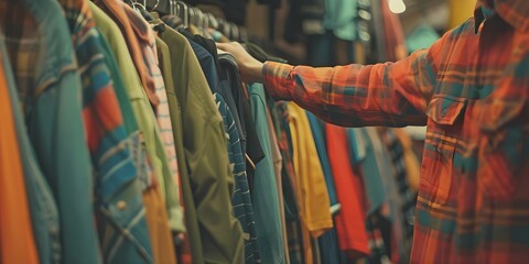 Person browsing through thrift store rack promoting sustainable fashion. Concept Thrift Store Finds, Sustainable Fashion, Secondhand Shopping, Eco-Friendly Outfits, Upcycled Style - obrazy, fototapety, plakaty