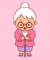Happy grandmother. Cute elderly woman with stick. Vector illustration. Positive cartoon female character grandma lady