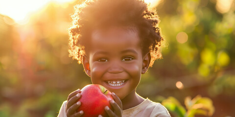 Cheerful black child holding big red apple on nature background. Fresh healthy food for kids.