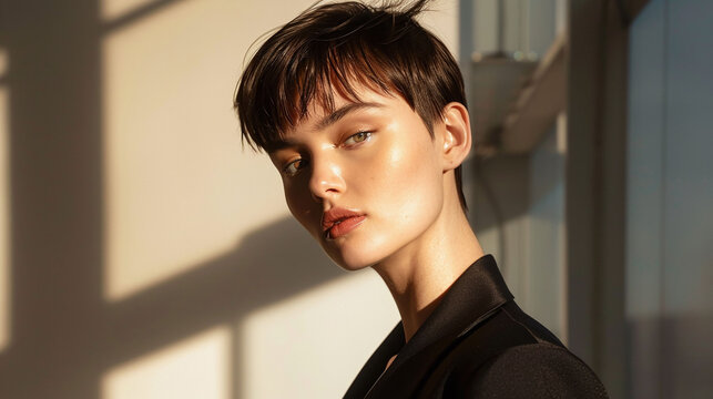 Woman with a modern pixie haircut in black attire, sunlit portrait with shadows. Contemporary style and elegance concept for design and print