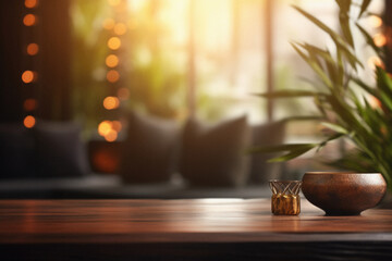 Wooden table spa bokeh background, empty wood desk product display mockup with relaxing wellness massage salon blurry abstract backdrop, body care cosmetic ads presentation. Mock up, copy space .