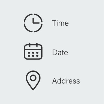 Time, Calendar Date, Human Settlement, Clock Face. Time, date, location address icon set template. Clock, calendar, location symbols. Sign business vector design stock illustration