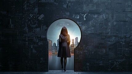 Captured within a luminous keyhole opening, a reflective businesswoman observes the cityscape beyond against a black wall. 