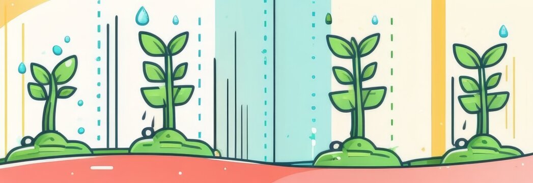 A series of cartoon plants are shown in different stages of growth. The plants are shown in various sizes and positions, with some being taller and others shorter. Concept of growth and development