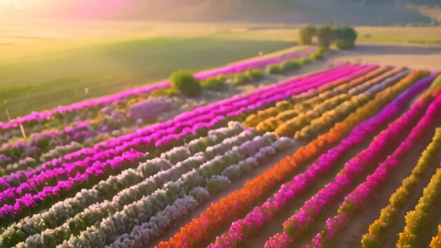 aerial view of colorful field landscape. 4k video animation