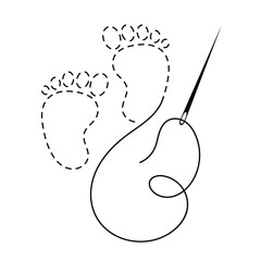 Silhouette of baby feet with interrupted contour. Copy space vector illustration of handmade work with embroidery thread and sewing needle on white background.	