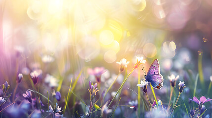 Purple butterfly on wild white violet flowers in grass in rays of sunlight, macro. Spring summer fresh artistic image of beauty morning nature. Generative Ai - obrazy, fototapety, plakaty