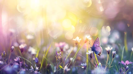 Foto op Plexiglas Purple butterfly on wild white violet flowers in grass in rays of sunlight, macro. Spring summer fresh artistic image of beauty morning nature. Generative Ai © Handz