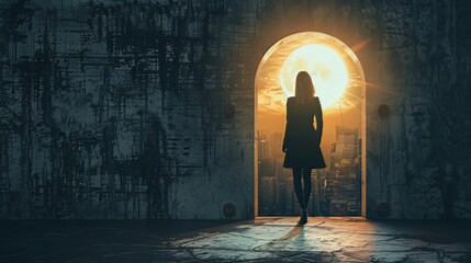 Captured within a luminous keyhole opening, a reflective businesswoman observes the cityscape beyond against a black wall. 