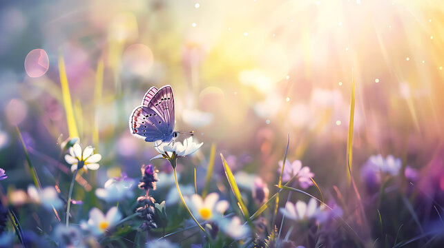 Purple butterfly on wild white violet flowers in grass in rays of sunlight, macro. Spring summer fresh artistic image of beauty morning nature. Generative Ai