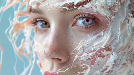 Portrait of beautiful young woman with cream splash on her face. Generative AI.