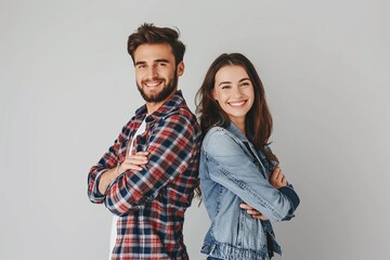 Naklejka premium Smiling couple in denim and plaid standing back-to-back with a light grey background. Casual fashion and happiness concept with copy space for design and print