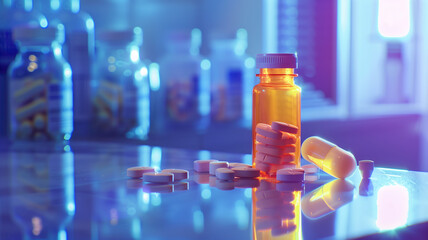 Prescription opioids, with bottle of many pills on the mirror light table. Concept of addiction, opioid crisis, overdose and medicine shopping. High quality image