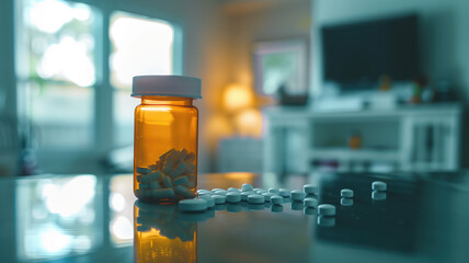 Prescription opioids, with bottle of many pills on the mirror light table. Concept of addiction, opioid crisis, overdose and medicine shopping. High quality image - obrazy, fototapety, plakaty
