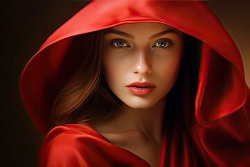 Woman in red cloak looking mysterious and dramatic