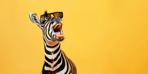 Funny zebra in sunglasses announcing an event on yellow background with copy space.  Funny animal.