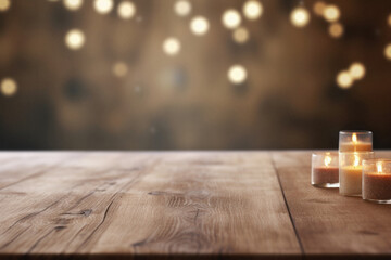 Wooden table spa bokeh background, empty wood desk product display mockup with relaxing wellness...