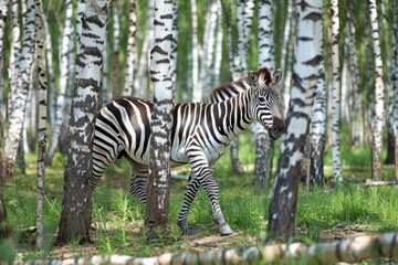 Fototapeta na wymiar Zebra in a birch grove in summer. Blank for design.