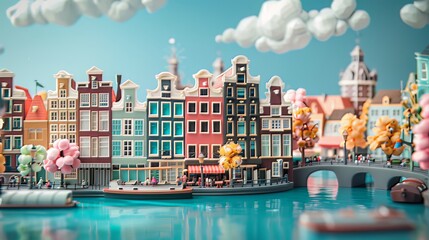 Behold the high-resolution claymation diorama of Amsterdam, where pastel colors reign supreme and fluffy cotton clouds drift lazily across the bright blue sky. The intricate clay models stand as a tes
