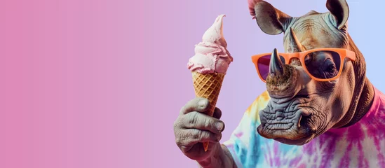 Fototapeten Hipster rhino wearing sunglasses and eating ice cream on pink background. Summer vacation concept. © Владимир Солдатов