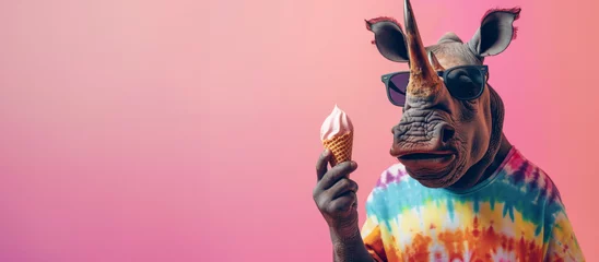 Plexiglas foto achterwand Funny fancy rhino with ice cream on pink background. Vacation and fun activities concept. © Владимир Солдатов
