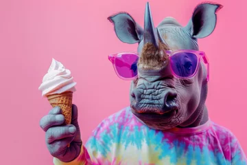  Funny rhino with ice cream on pink background. Summer vacation concept. © Владимир Солдатов