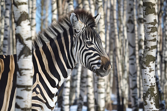 Zebra in a birch grove in winter, close-up