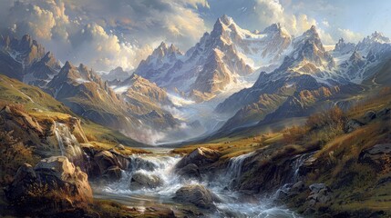 A painting depicting a mountain stream flowing through the majestic Alps, with Mont Blanc towering in the background. - obrazy, fototapety, plakaty