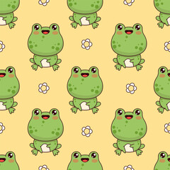 Seamless pattern with frogs on yellow background with daisy flowers. Cute kawaii animal character. Vector illustration. Kids collection.