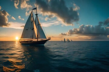sailing ship at sunset generated by AI - obrazy, fototapety, plakaty