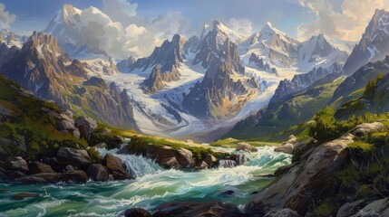 Naklejka na ściany i meble A painting depicting a mountain stream flowing through the majestic Alps, with Mont Blanc towering in the background.