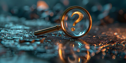 with question marks  background Travel Concept Magnify Glass Loupe on the Asphalt Road. - obrazy, fototapety, plakaty