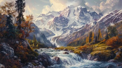 A painting depicting a mountain stream flowing through the majestic Alps, with Mont Blanc towering in the background.