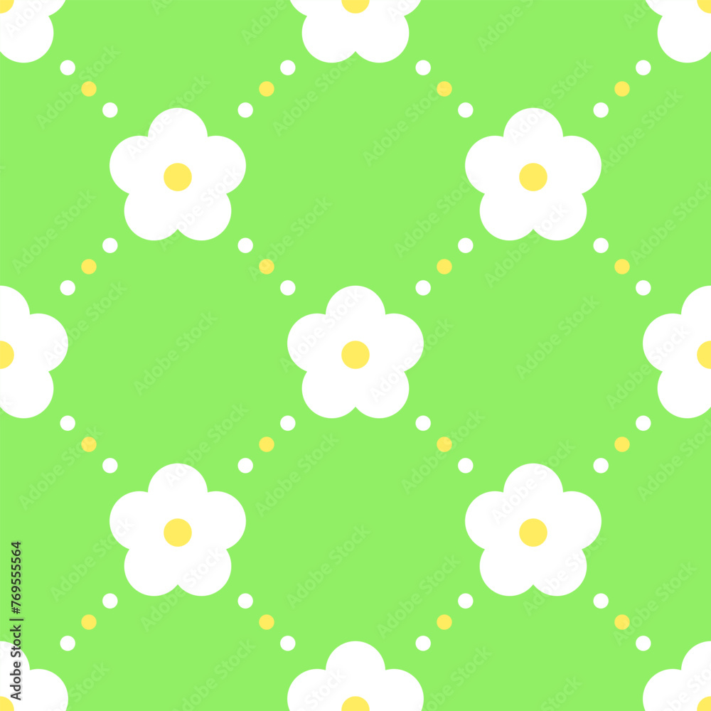 Wall mural White and yellow stylized flowers on geen dotted background. Vector seamless pattern. Best for textile, wallpapers, home decoration, wrapping paper, package and your design.