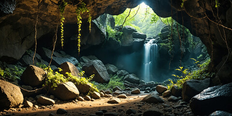 Mysterious jungle cave with a small waterfall