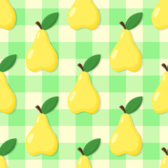 Pears vector seamless pattern. Yellow fruits with green leaves on chess background. Best for textile, wallpapers, kitchen decoration, wrapping paper, package and web design.