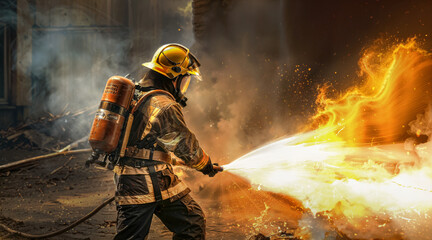 Magnifique photo d'un pompier en action, incendie, fumée, cinématographique  - obrazy, fototapety, plakaty