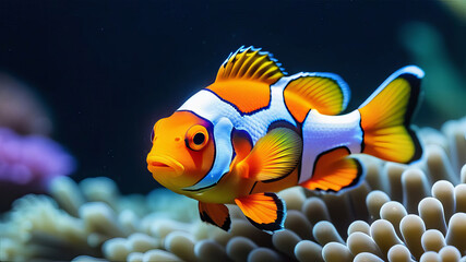 Cute anemone fish over coral reef background isolated closeup, beautiful color clownfish on coral reefs, anemones on tropical coral reefs. clown fish anemone in the sea