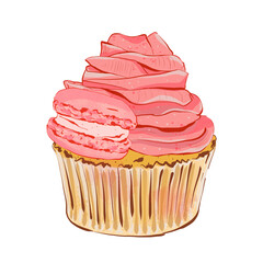 Festive cupcake with cream. Realistic style. Hand drawn illustration isolated on white background. Graphic element for pastry shops, cafe and bar menus, birthday and anniversary design.