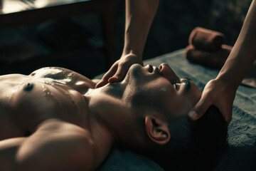Man gets a facial massage in a salon. Men's facial massage. Men's self care. Vertical orientation. - obrazy, fototapety, plakaty