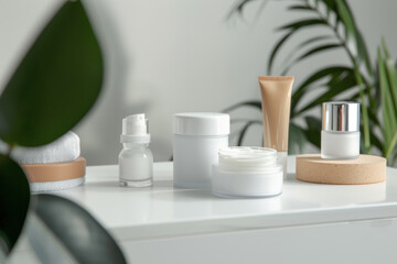 Fototapeta na wymiar Cosmetics for face and body in jars and containers on a white table with indoor plants, beauty product concept.