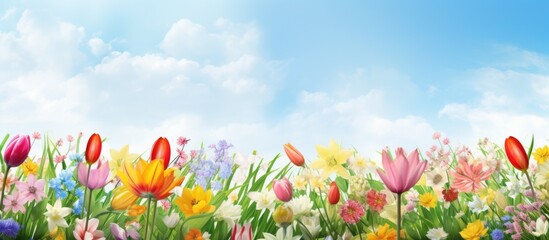 A picturesque meadow filled with colorful flowers, set against a clear blue sky dotted with fluffy...