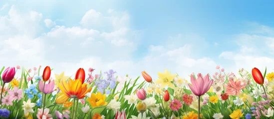 Raamstickers A picturesque meadow filled with colorful flowers, set against a clear blue sky dotted with fluffy white clouds. The delicate petals of flowering plants contrast beautifully with the lush green grass © pngking