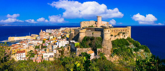 Italy travel. Gaeta - beautiful coastal town in Lazio region. cityscape with medieval castle and the sea. - 769556346