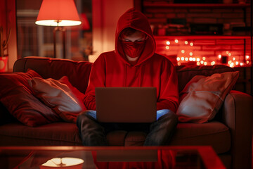 Fashionable anonymous hacker typing computer laptop. Cybercrime, cyberattack, dark web concept.